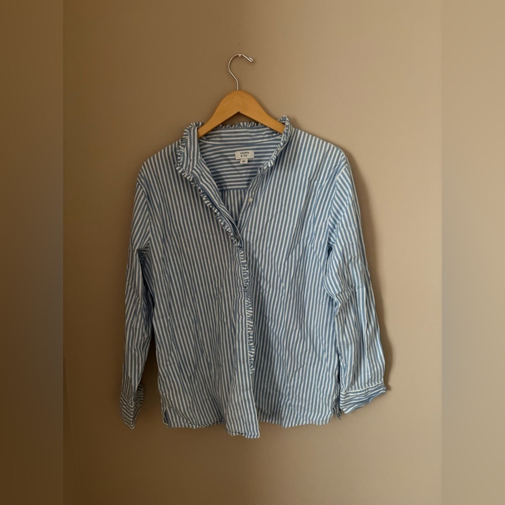 Crown & Ivy Women’s Medium Light Blue Striped Dress Shirt with ruffle detail - Picture 5 of 8